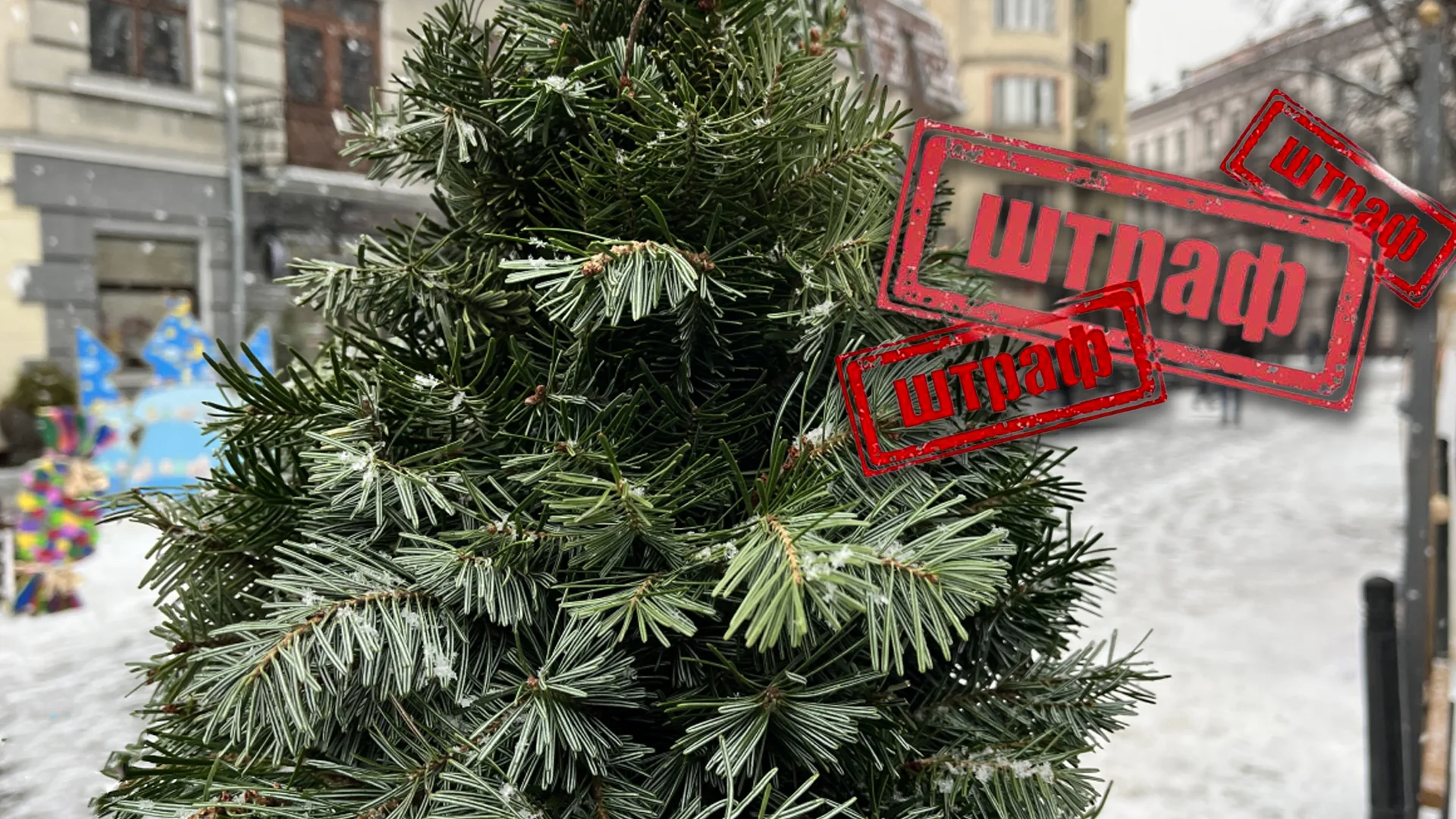 Зелена ялинка взимку з написом штраф