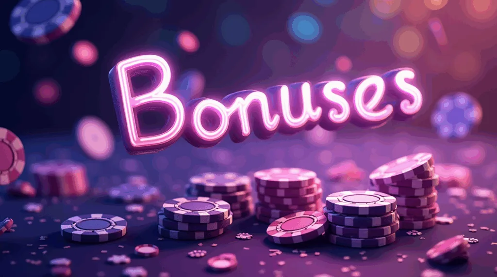 Казино фішки та неоновий напис Бонуси