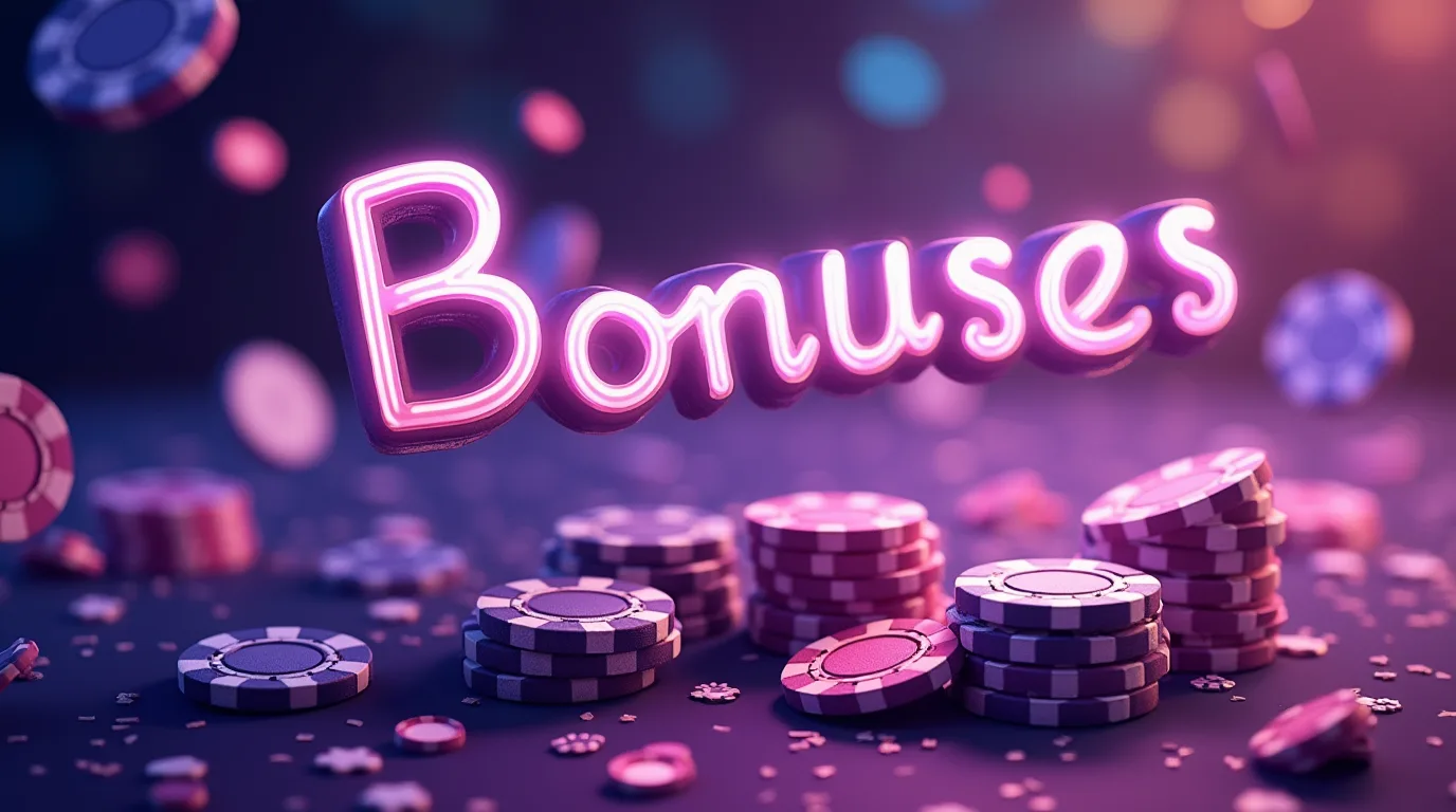 Казино фішки та неоновий напис Бонуси