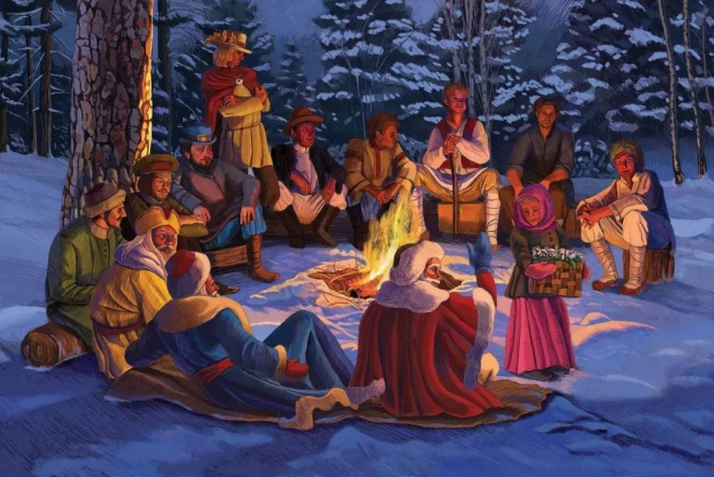 Люди сидять біля вогнища взимку в лісі