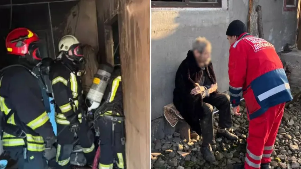 Рятувальники гасять пожежу та допомагають постраждалому