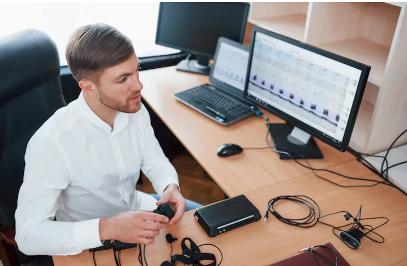 Чоловік працює з поліграфом у офісі