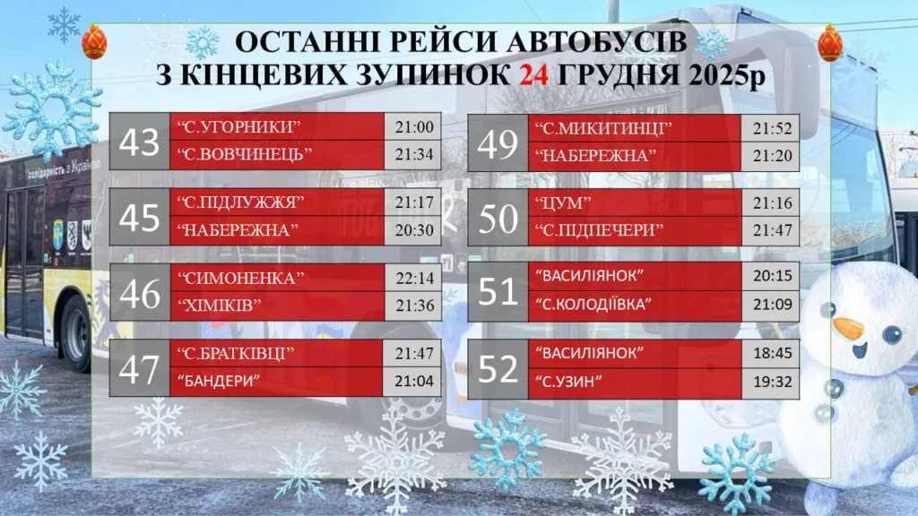Розклад останніх автобусів Чернівці 24 грудня 2025