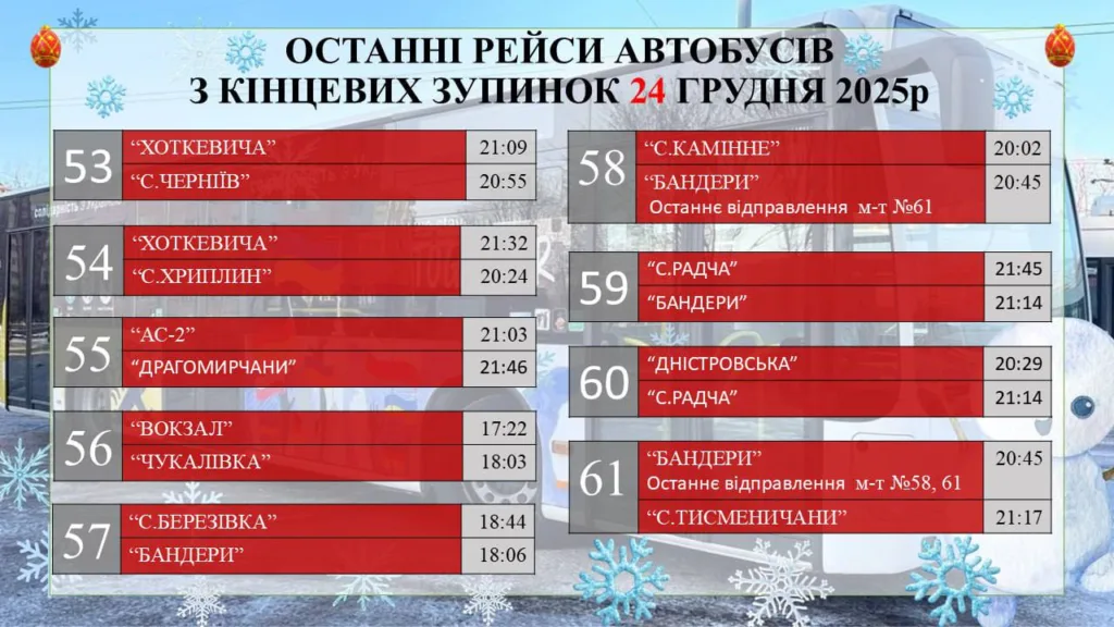 Останні рейси автобусів 24 грудня 2025 Івано-Франківськ