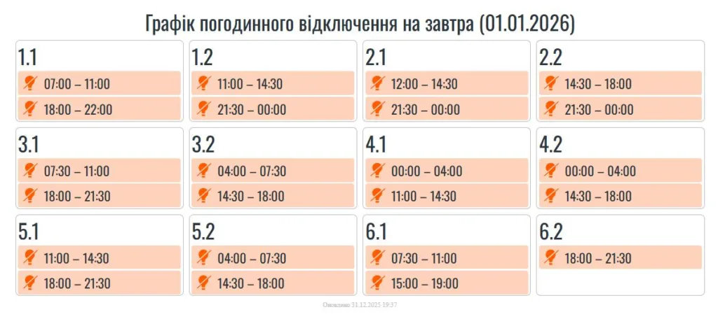 Графік відключення електроенергії на 1 січня 2026