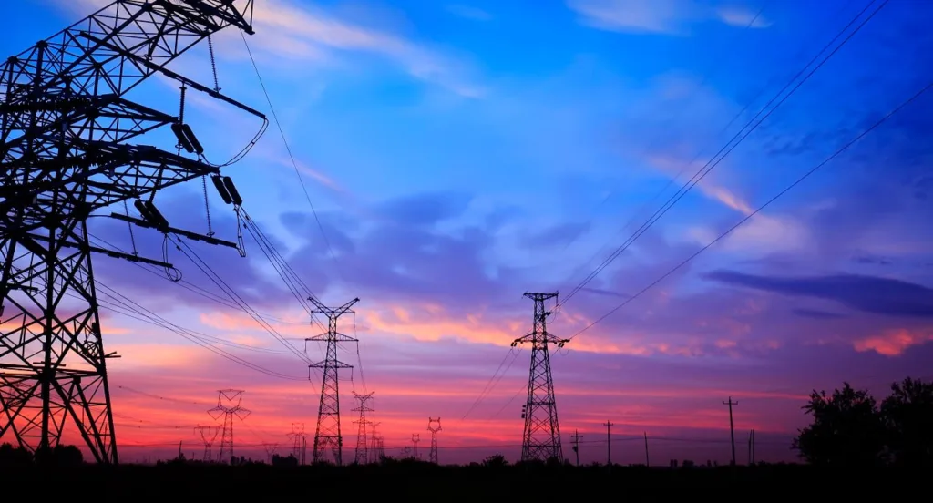 Лінії електропередач на тлі барвистого заходу сонця
