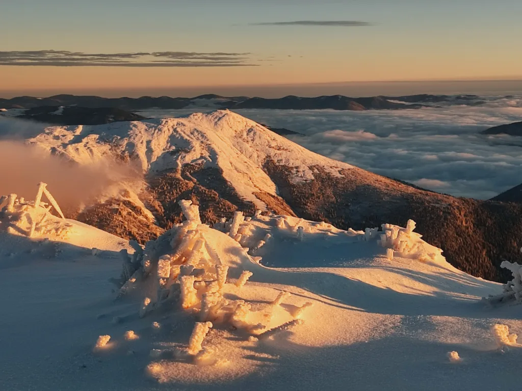 Засніжені Карпати на світанку над хмарами