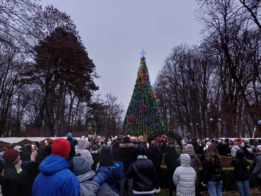 Новорічна ялинка з вогнями у міському парку