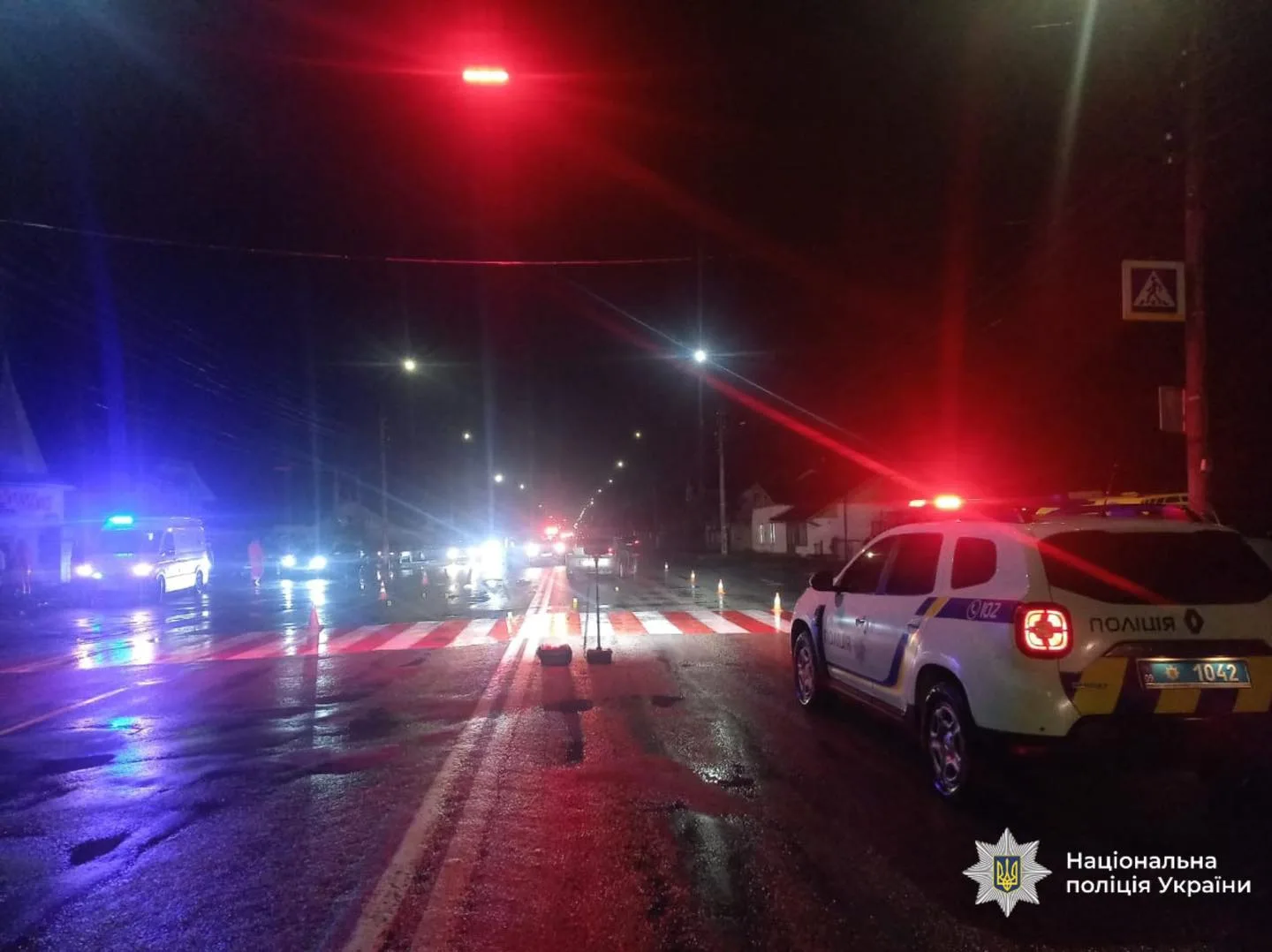 Поліцейські машини на нічній дорозі з мигалками