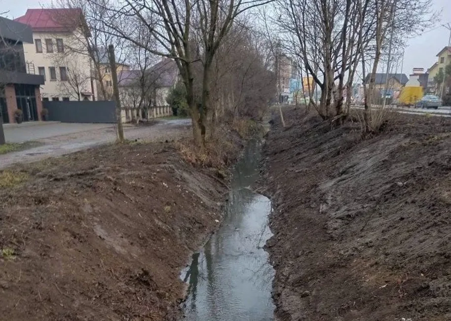 Маленький струмок між будинками та деревами взимку