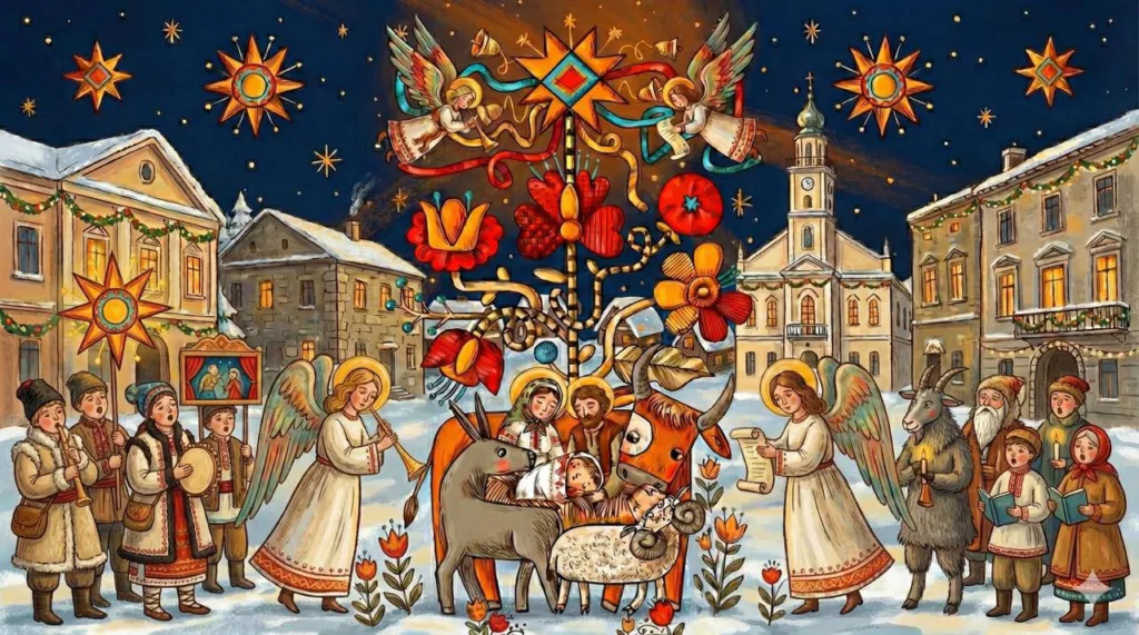 Українське різдвяне свято з янголами та колядниками