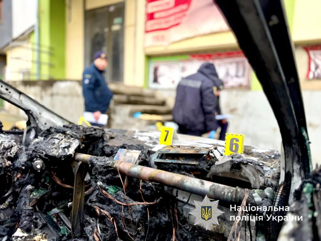 Поліція оглядає знищений пожежею автомобіль
