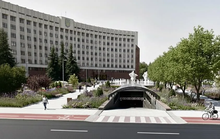 Адміністративна будівля з фонтаном і зеленню