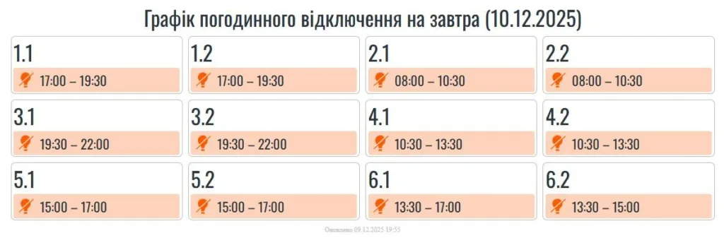 Графік планових відключень електроенергії на 10.12.2025