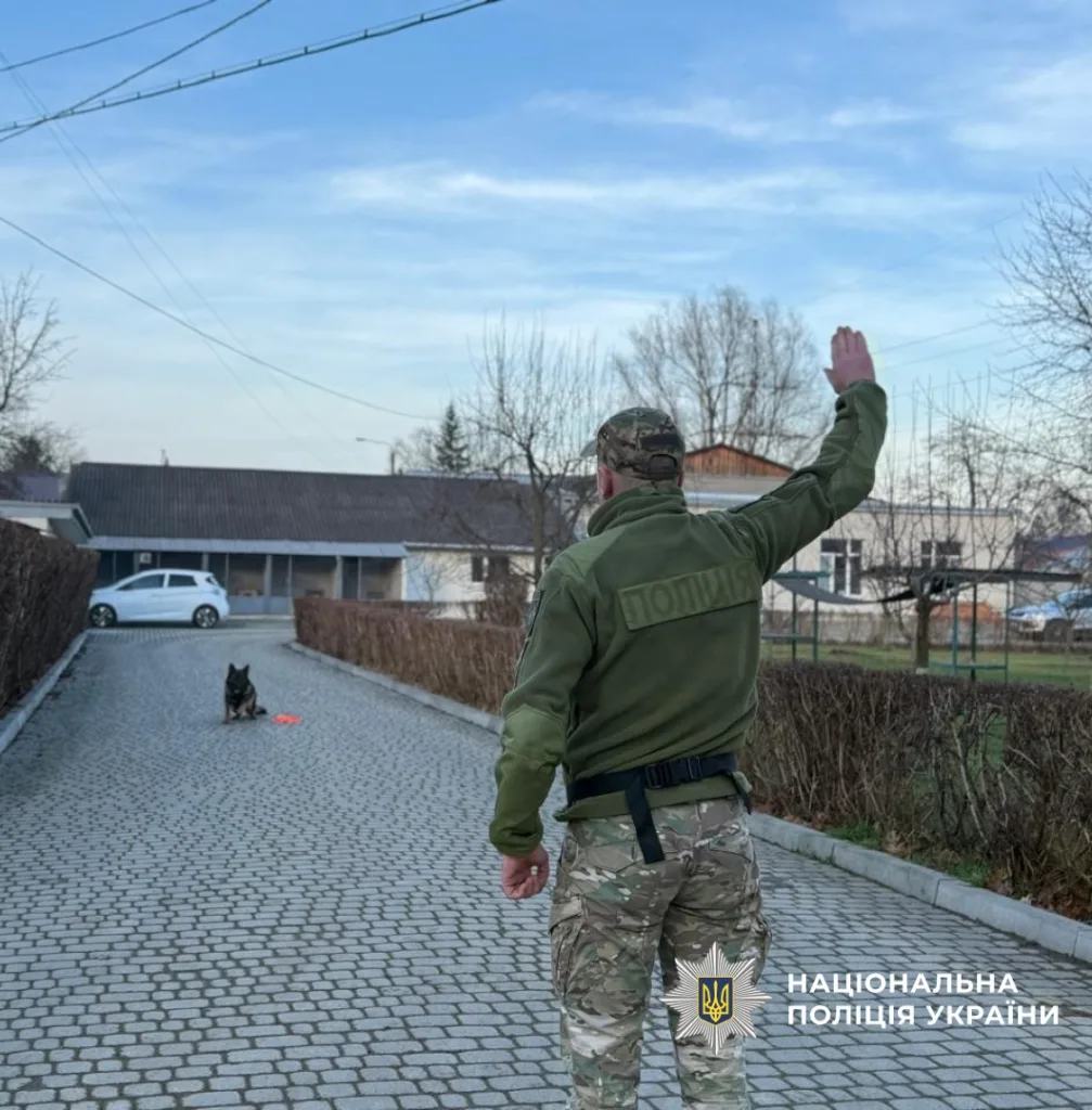 Поліцейський тренує службового собаку надворі