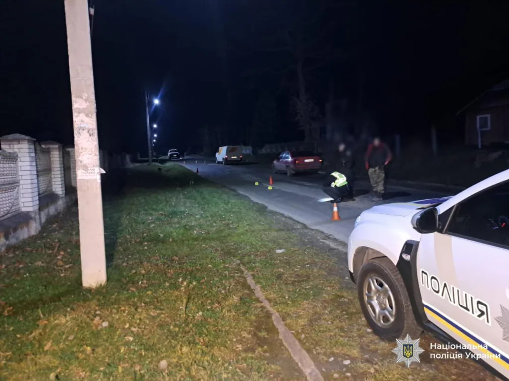 Поліцейські оглядають місце ДТП вночі