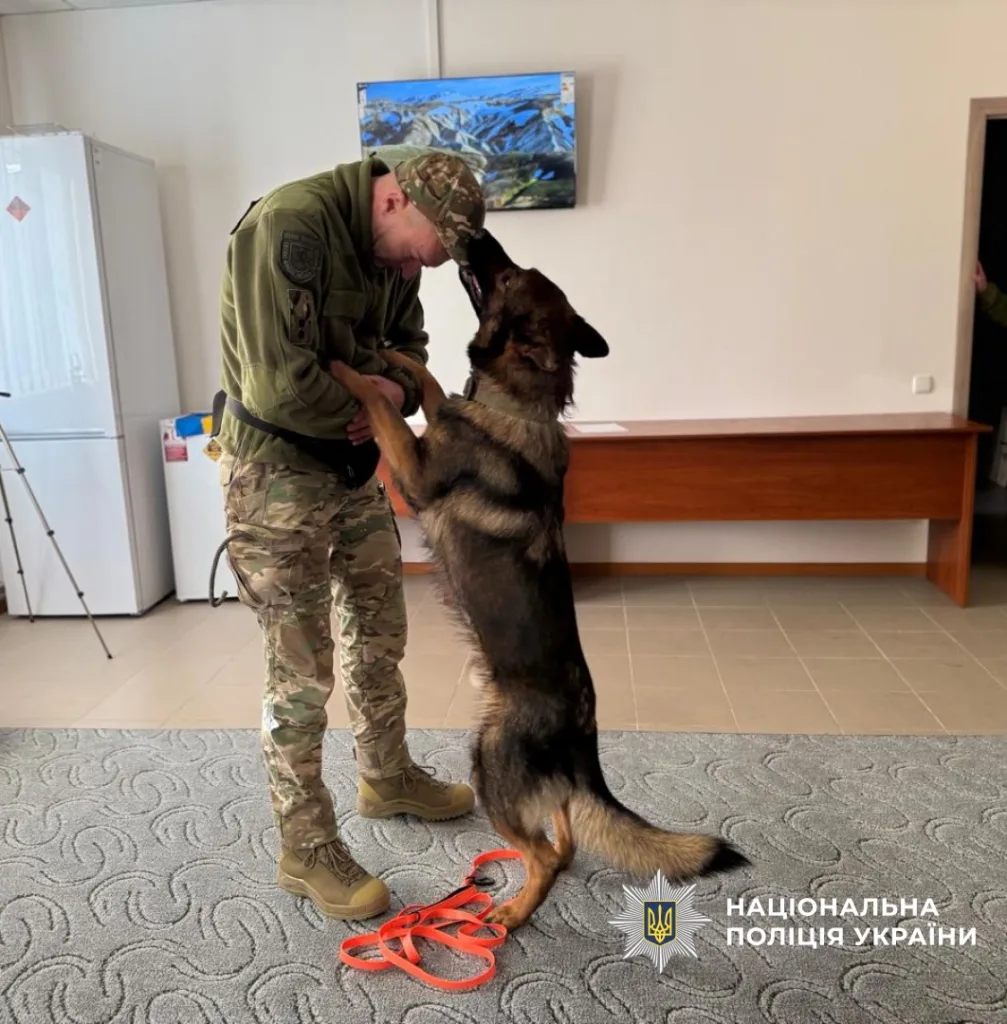 Поліцейський обіймає службового собаку у приміщенні