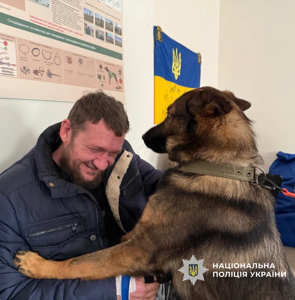 Поліцейський пес обіймає чоловіка в кімнаті