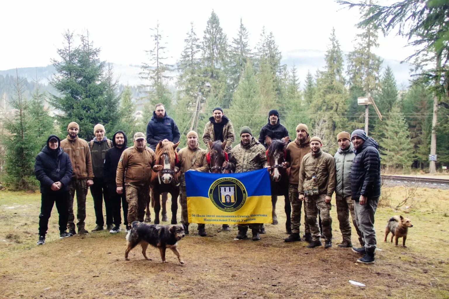 Військові з прапором Нацгвардії України у горах