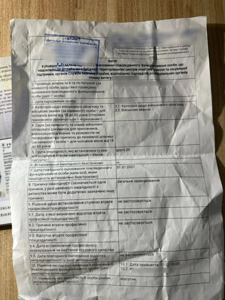 Документ про встановлення інвалідності в Україні