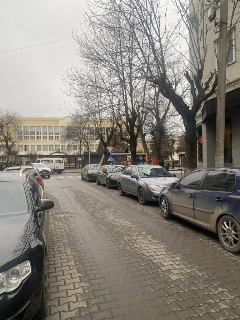 Вулиця з припаркованими автівками у місті взимку