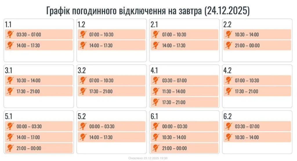 Графік погодинного відключення електроенергії 24 грудня 2025