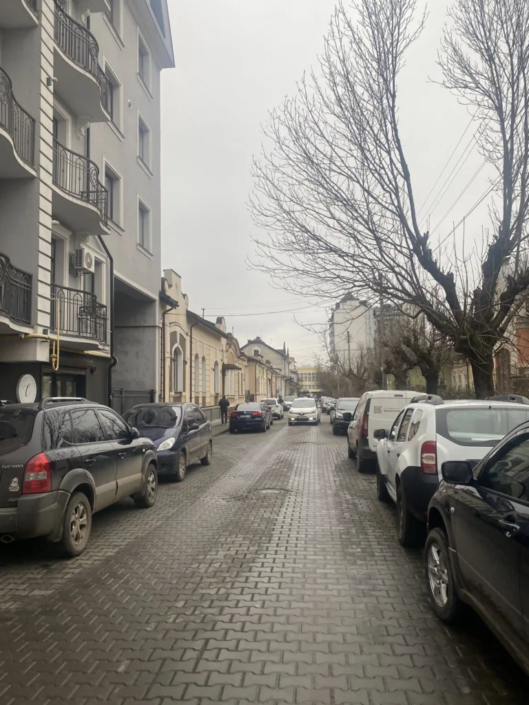 Міська вулиця з припаркованими автомобілями вздовж доріг