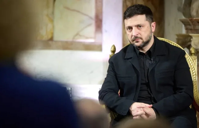 Чоловік у чорному піджаці дає інтерв’ю