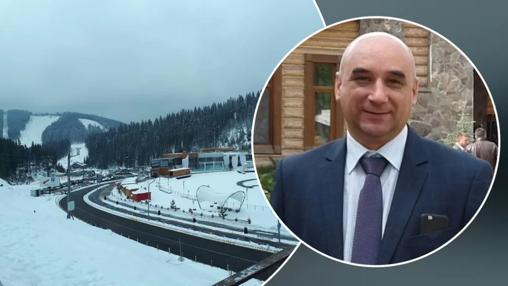 Зимовий курорт у горах та чоловік у костюмі