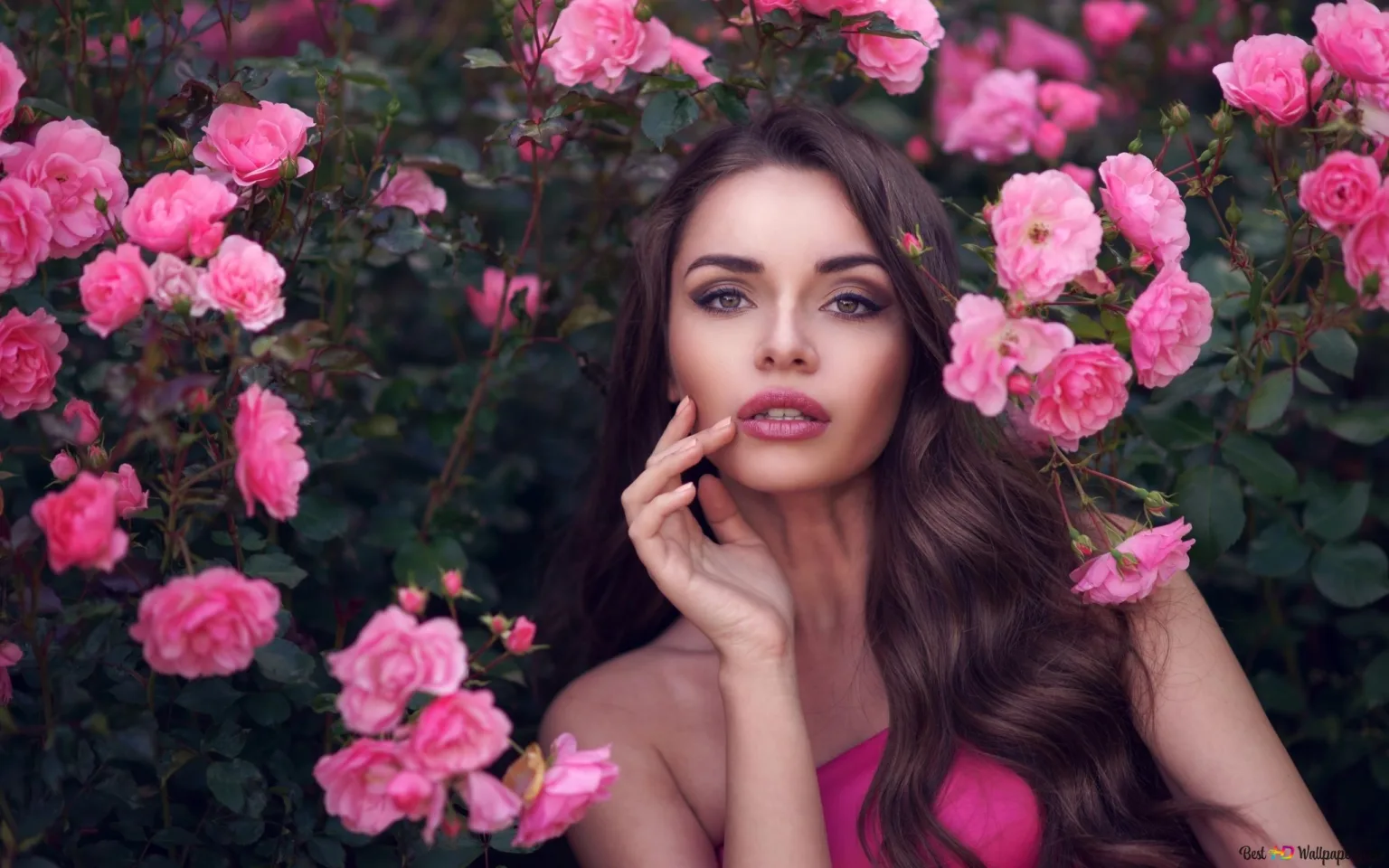Жінка серед рожевих квітів троянд