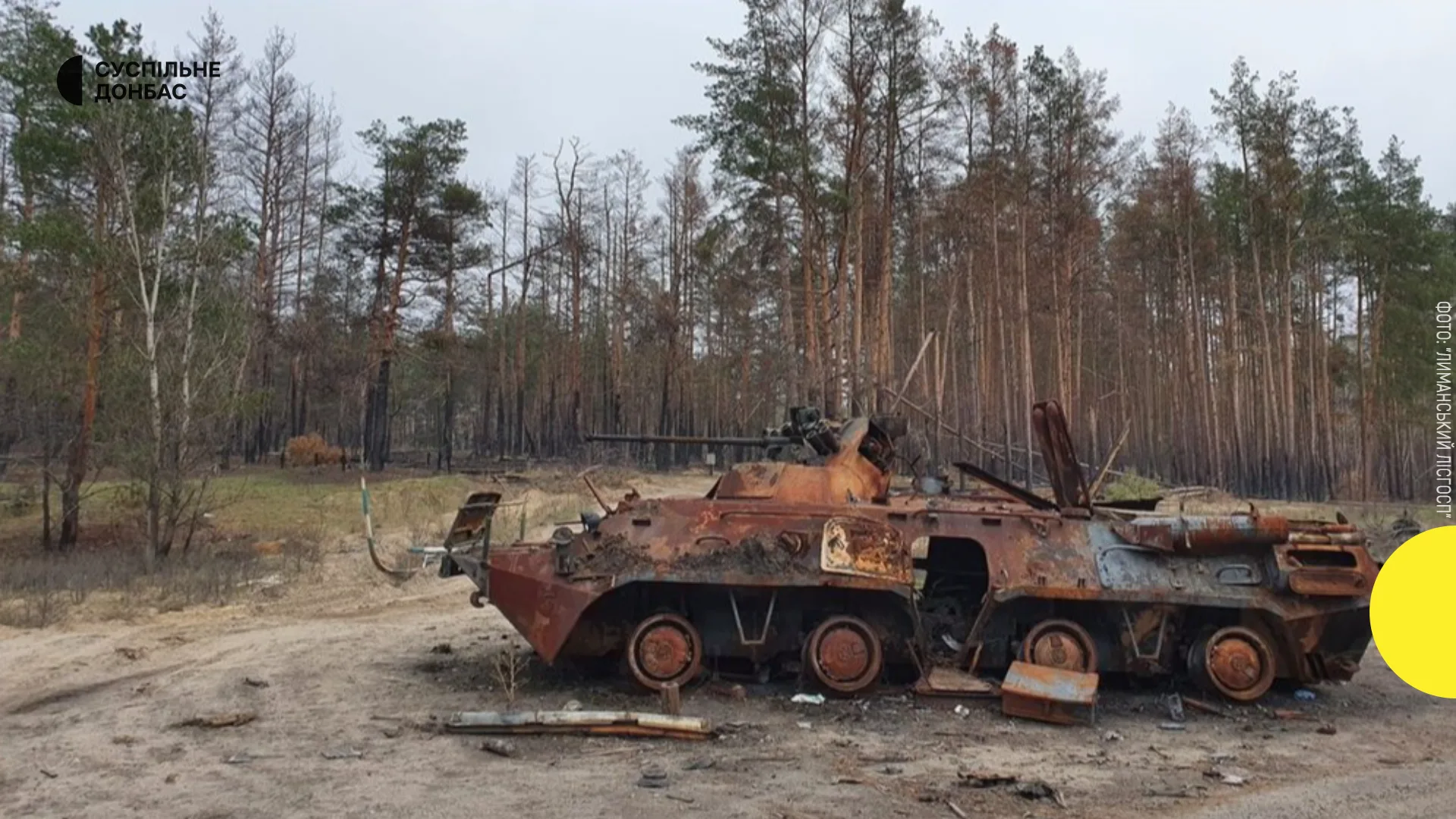 Зруйнований бронетранспортер у лісі після бою