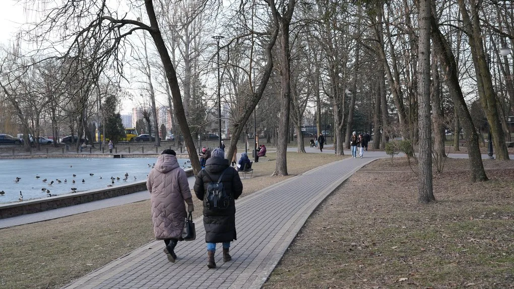 Люди гуляють парком біля ставка з качками