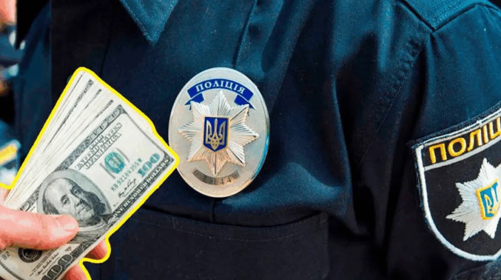 Долари в руці поруч із поліцейським жетоном