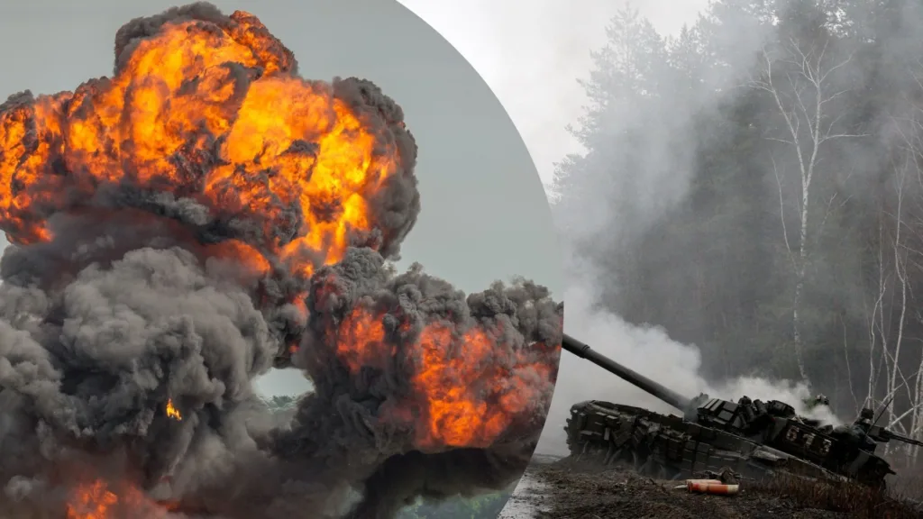 Вибух і знищений танк на полі бою