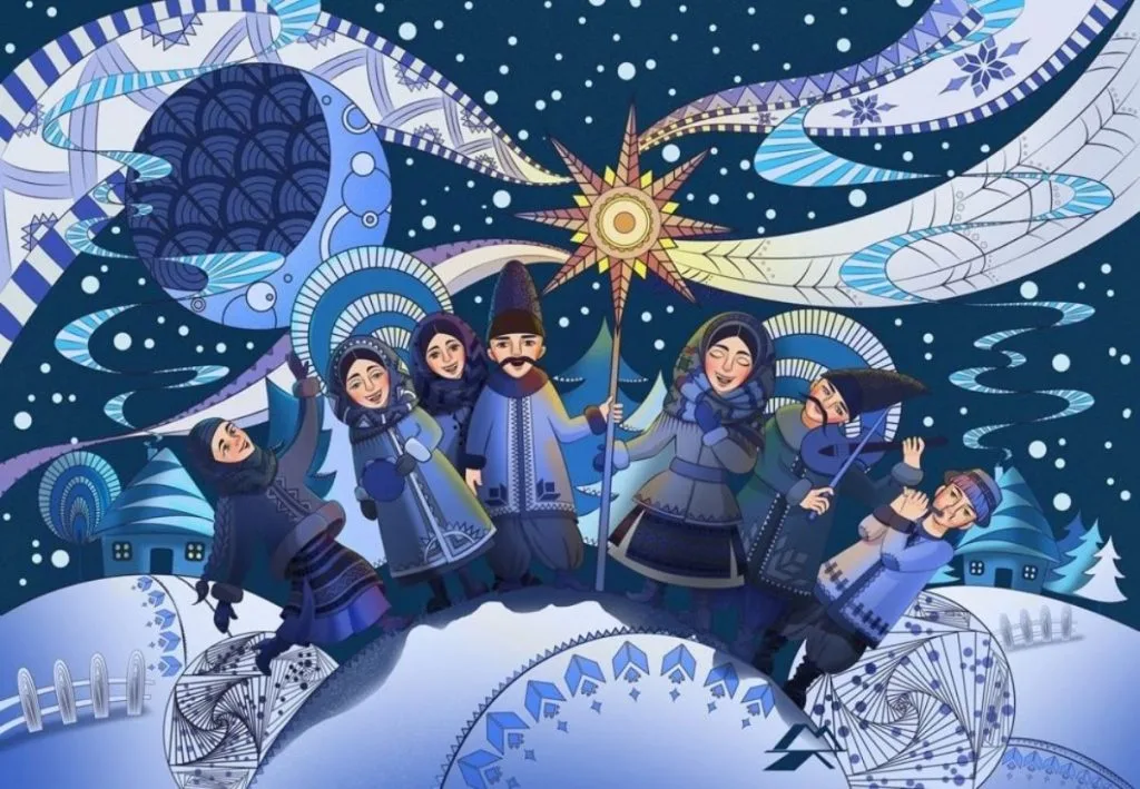 Різдвяні колядники на зимовому святі під зорями