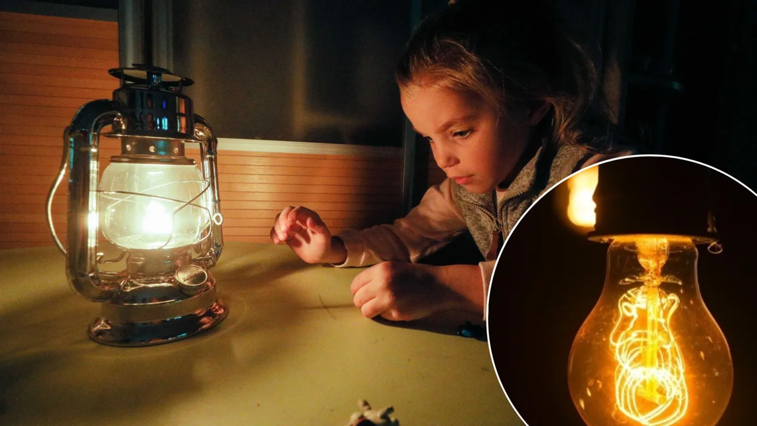 Дівчинка дивиться на запалену гасову лампу