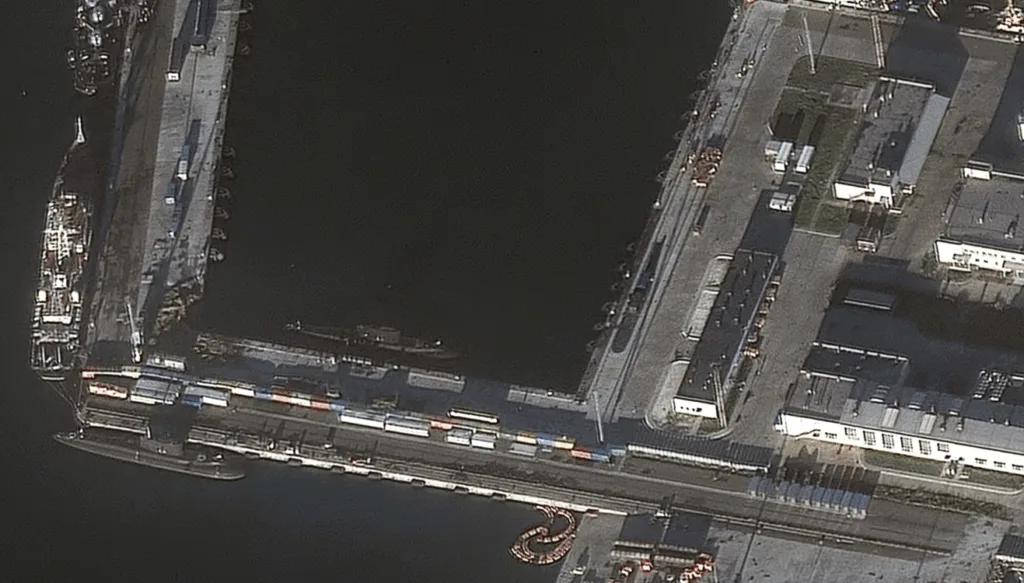Супутниковий знімок порту з вантажними контейнерами