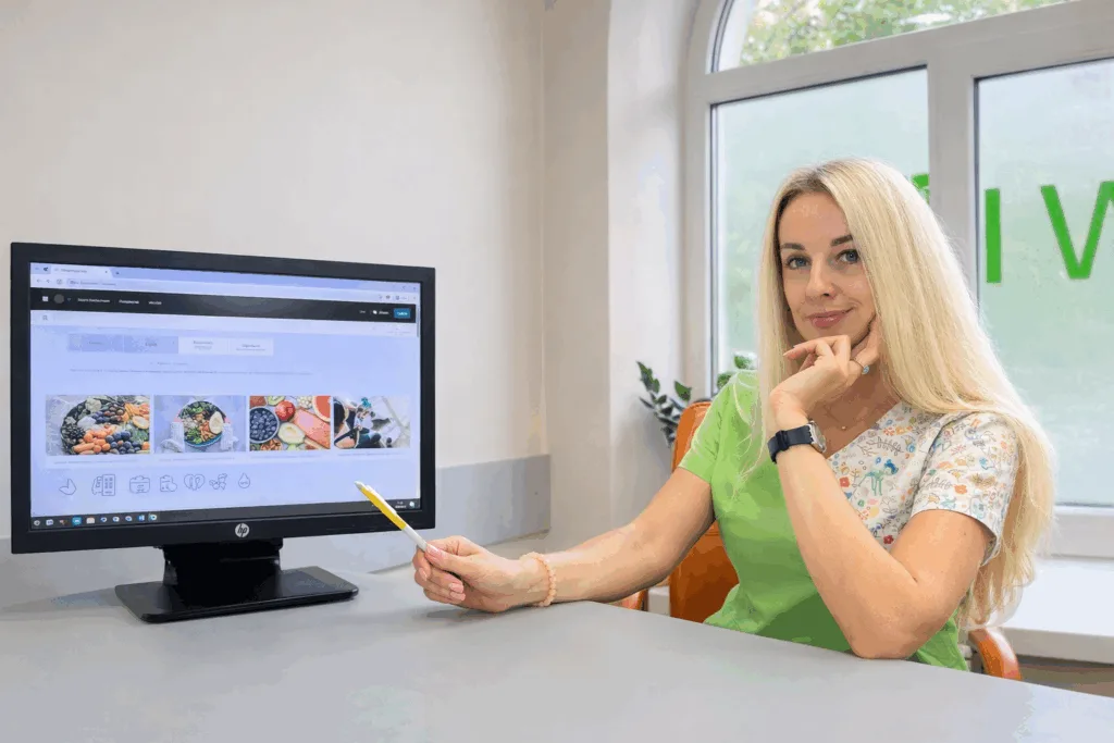 Дієтолог показує план здорового харчування на екрані