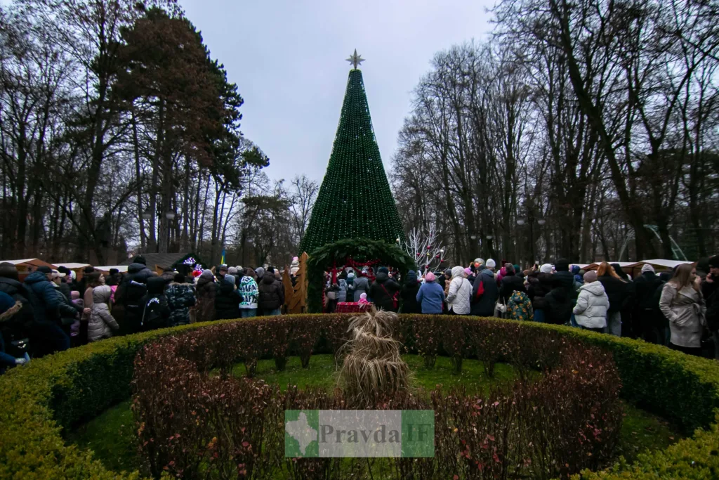 Люди біля великої новорічної ялинки в парку