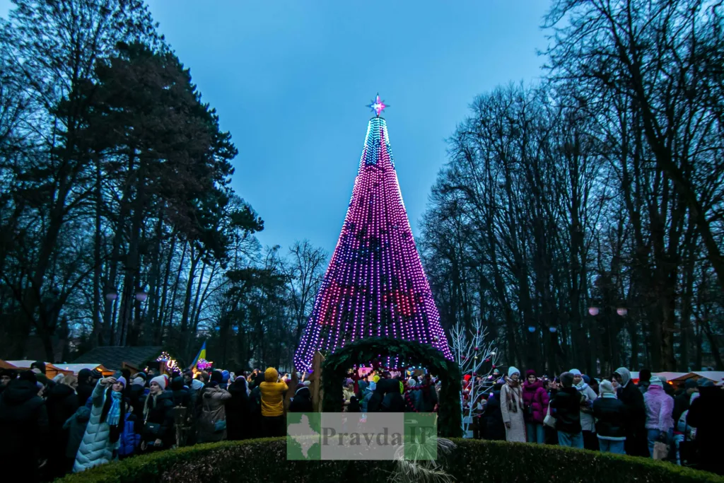 Різдвяна ялинка з вогнями у міському парку