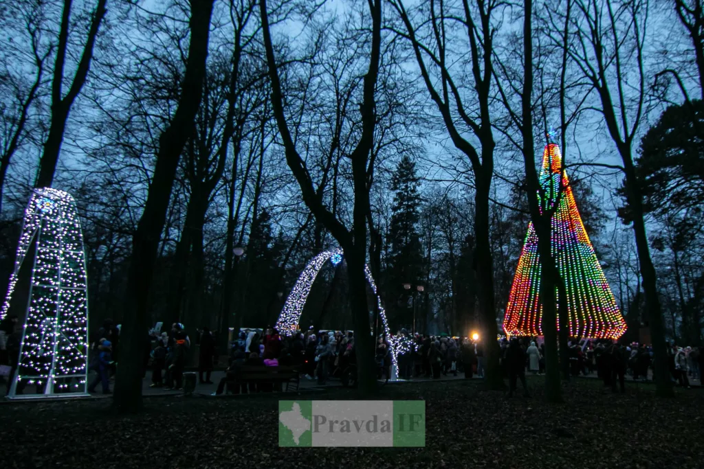 Новорічна ялинка з вогнями в міському парку
