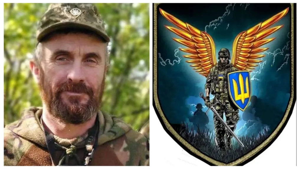 Український військовий та емблема з крилатим воїном