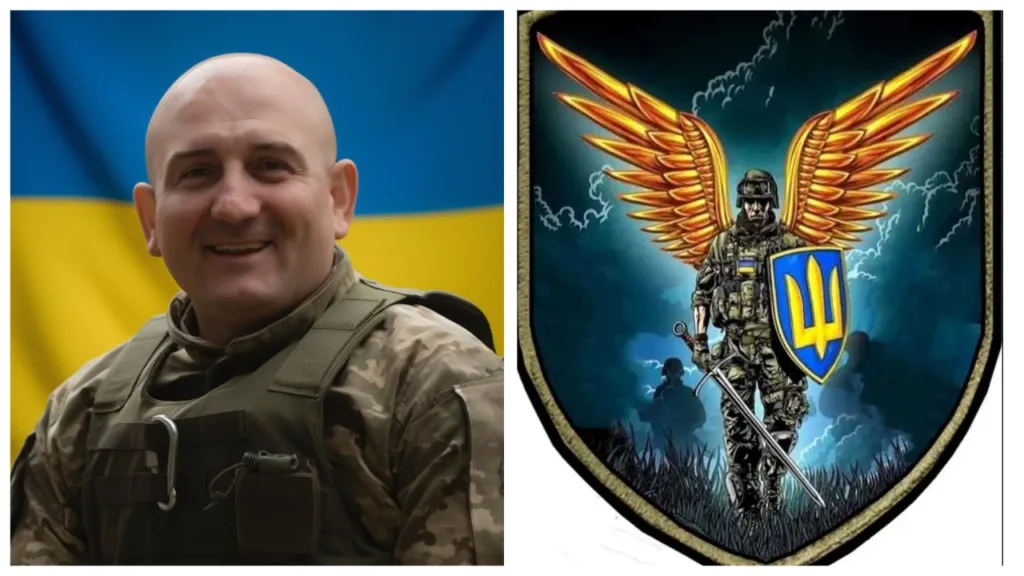 Український військовий і емблема захисника з крилами