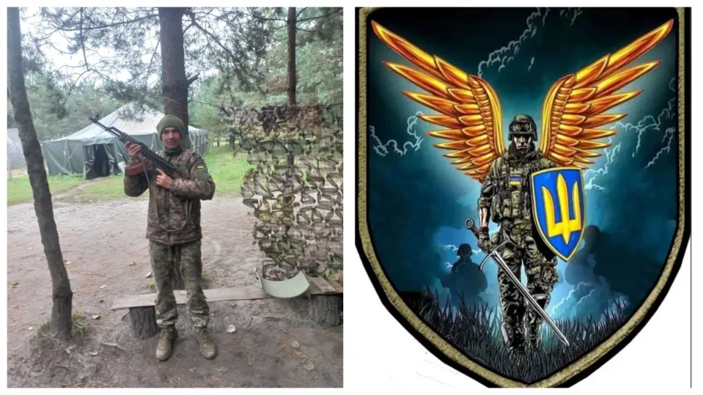 Український військовий та емблема з тризубом