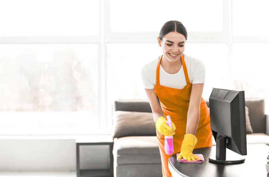 Жінка прибирає офісний стіл із монітором