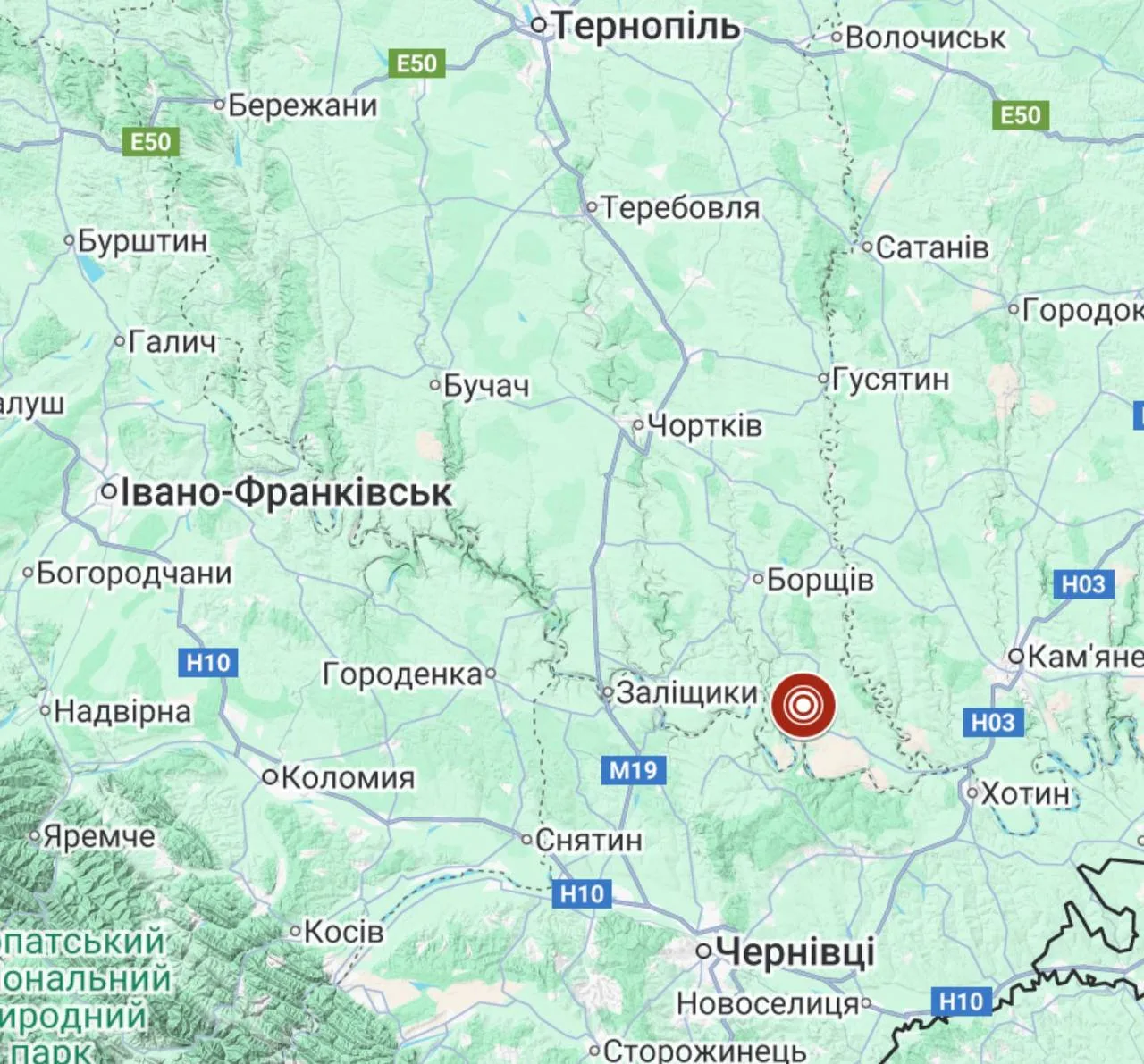 Карта Західної України з позначеним епіцентром