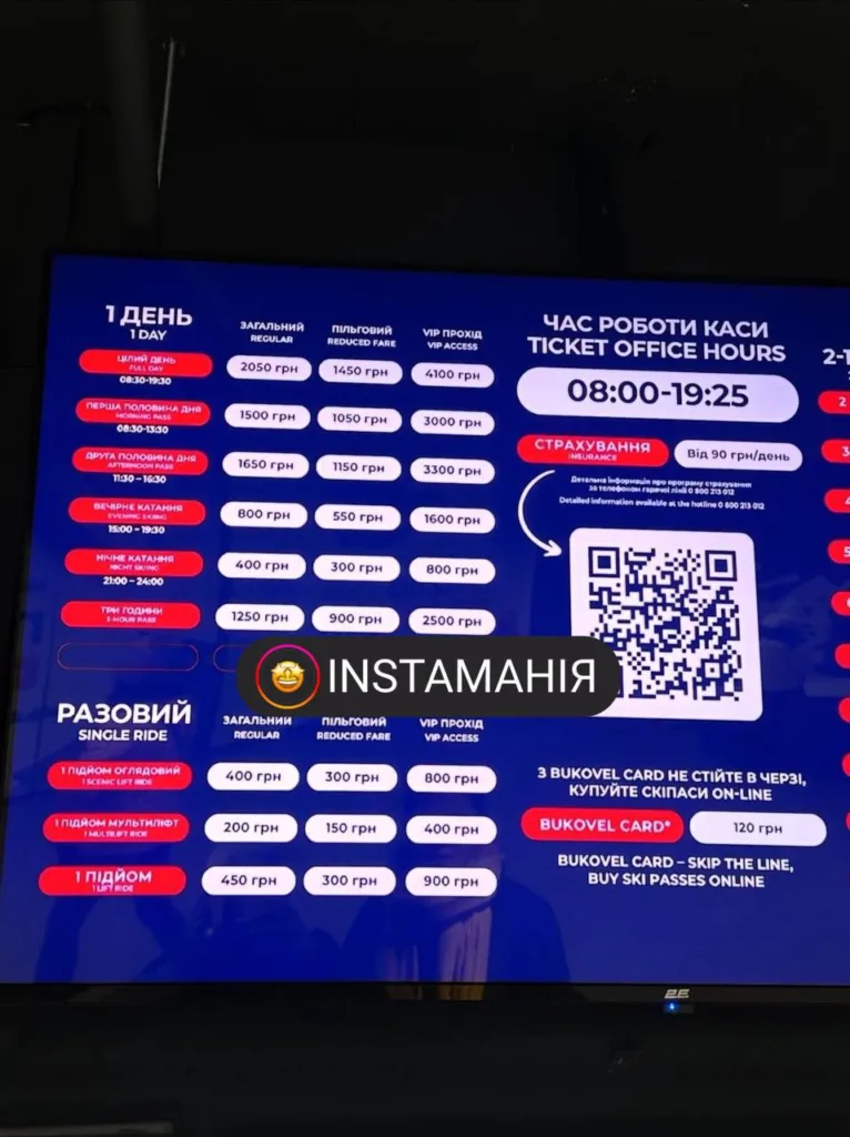 Таблиця цін на скіпаси Буковеля