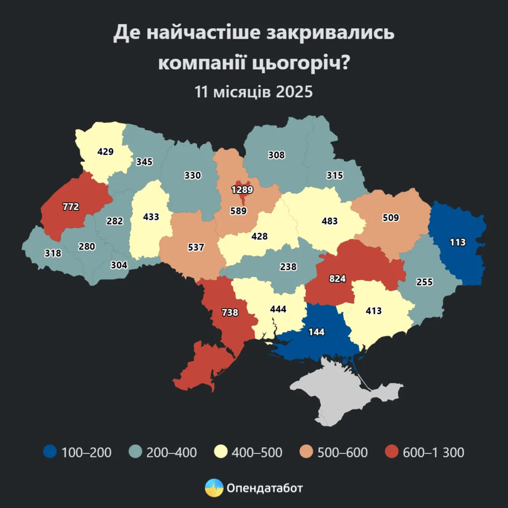 Карта України із кількістю закритих компаній 2025