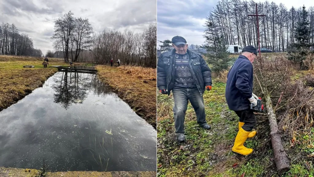 Люди прибирають територію біля водойми в селі