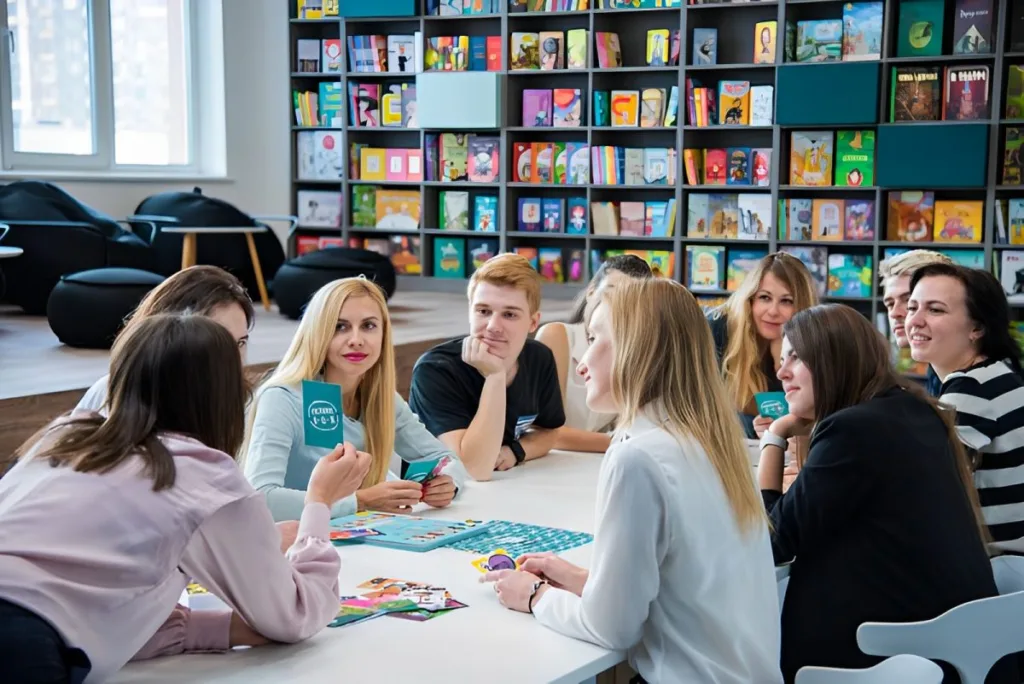 Група людей грає настільну гру в бібліотеці
